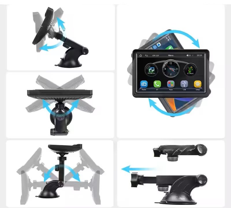 Grafika pokazująca wielopoziomową regulację uchwytu z przyssawką dla CoolScreen, z różnymi pozycjami montażu